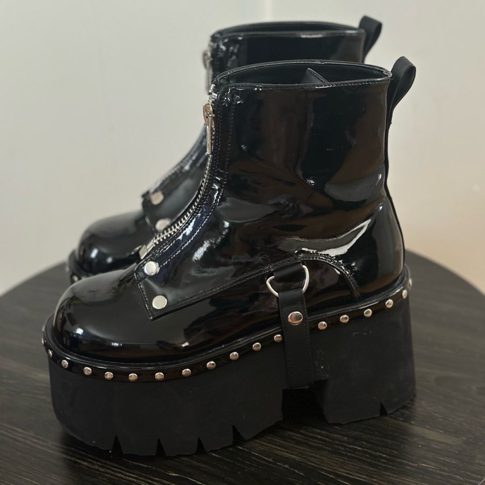 Demonia Black Patent Platform Ankle Boots with Silver Studs